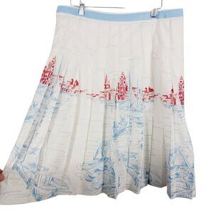 Tommy Hilfiger Y2K Pleated Cotton Skirt 10, Sail Boat & City Scape Print Coastal